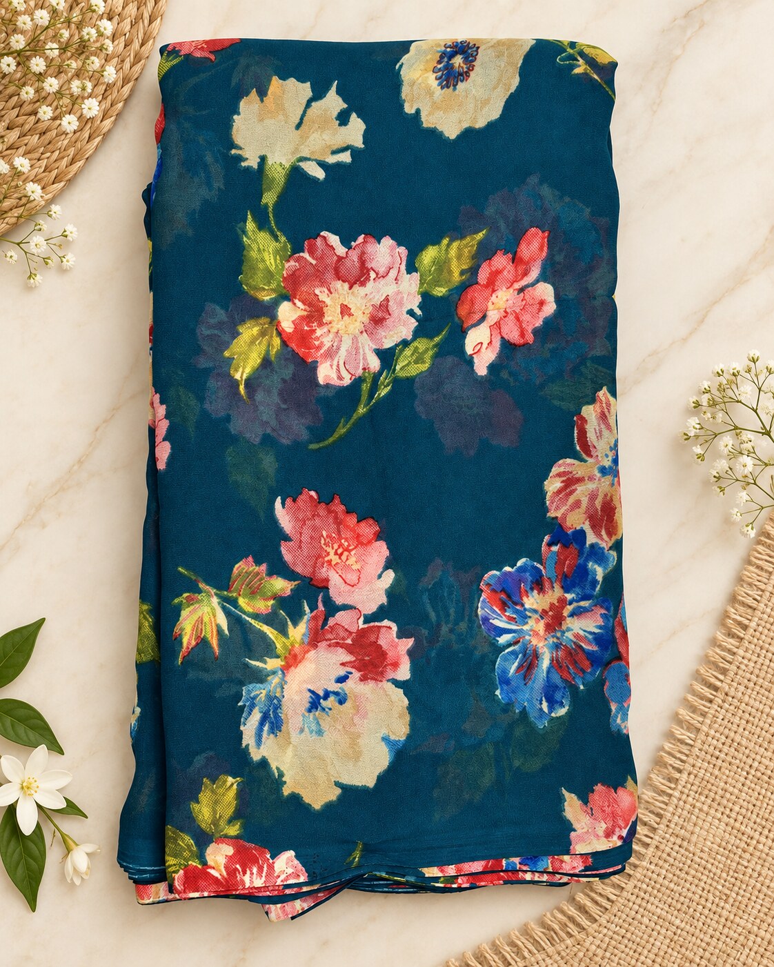 Deep teal floral saree arranged in a styled flatlay