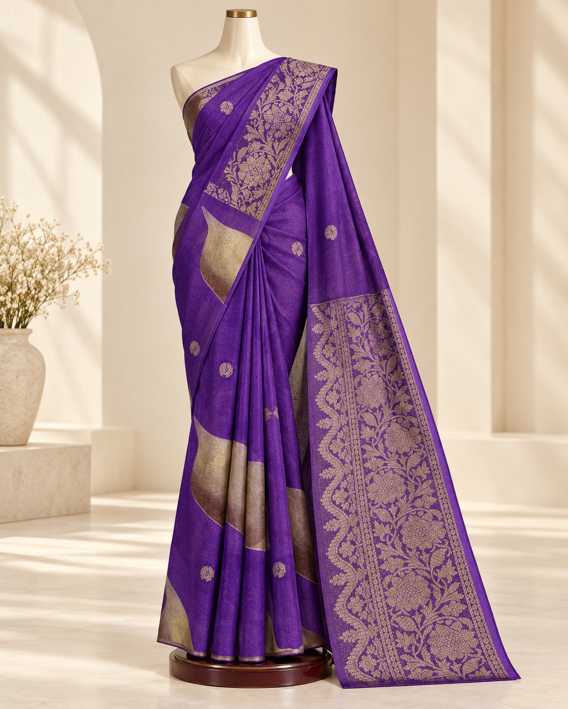 Violet saree with gold woven detailing, draped on a faceless mannequin