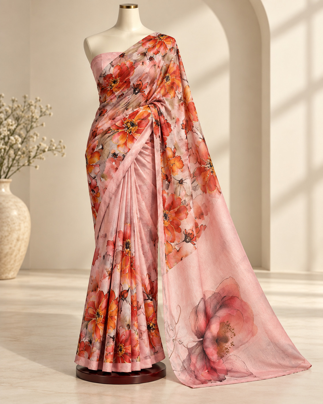 Peach floral saree on a faceless mannequin