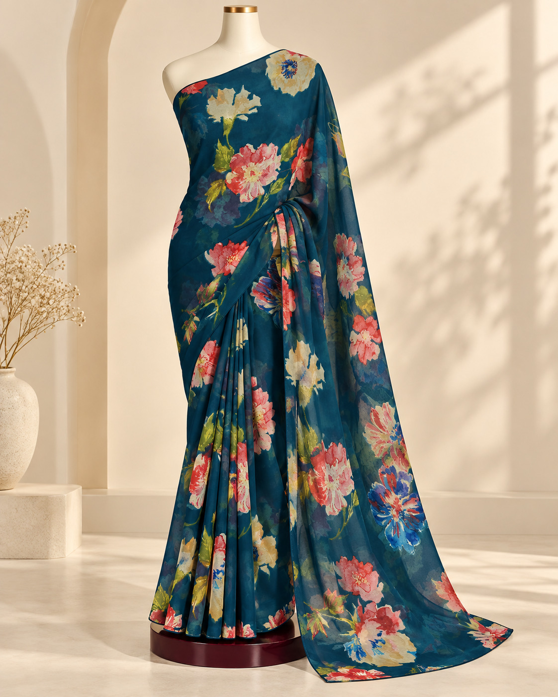 Deep teal saree with a colourful floral print, draped on a faceless mannequin