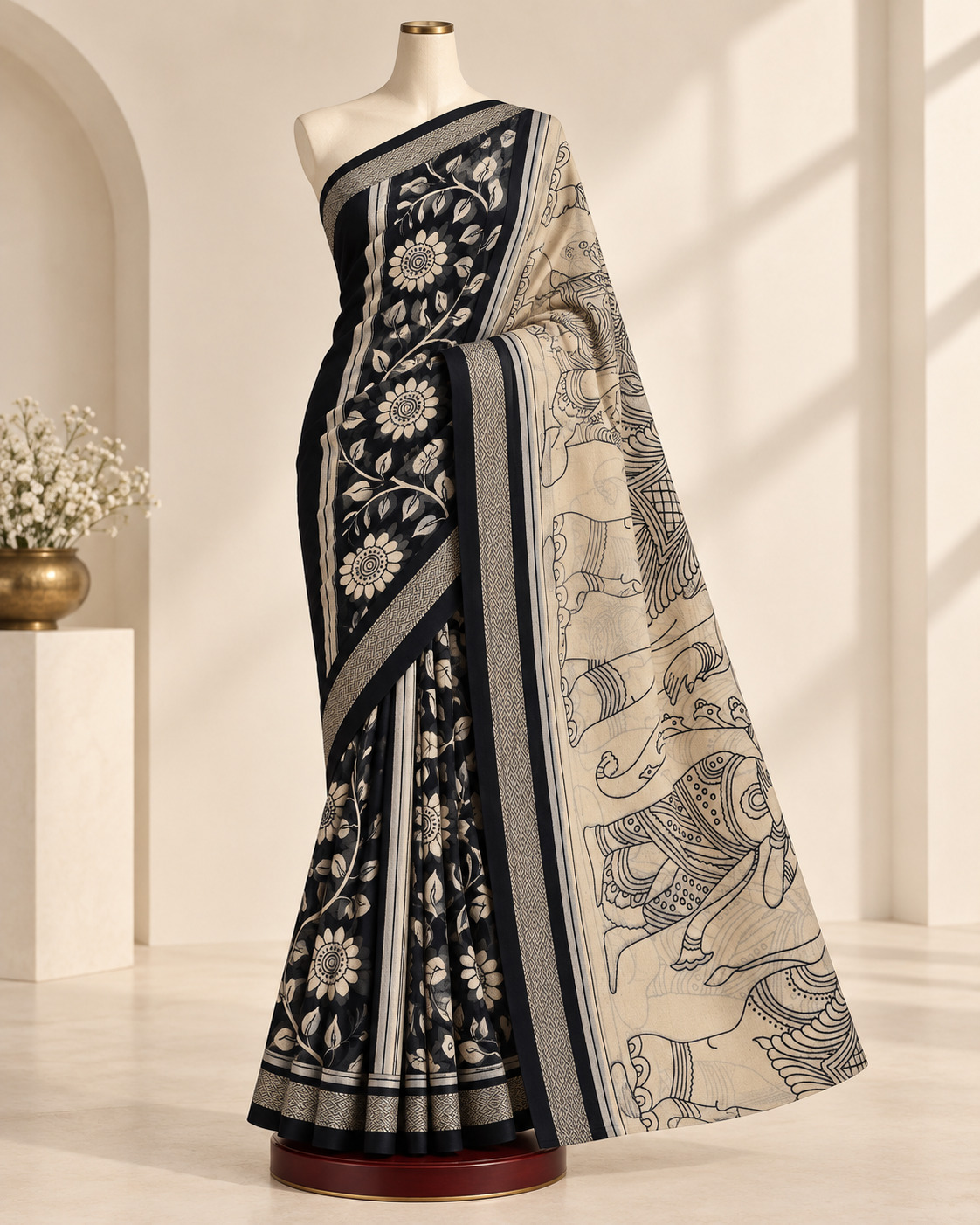Black and ivory botanical saree on a faceless mannequin